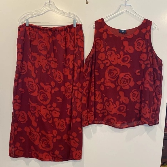 Rag Two Piece Red Rose Print Skirt Set Womens Top Size 2X Skirt Size‎ 1X (305) - Picture 1 of 9